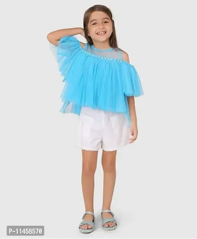 Beautiful Cold Shoulder Sleeves Pearl Embellished Gathered Net Top For Baby Girls-thumb3