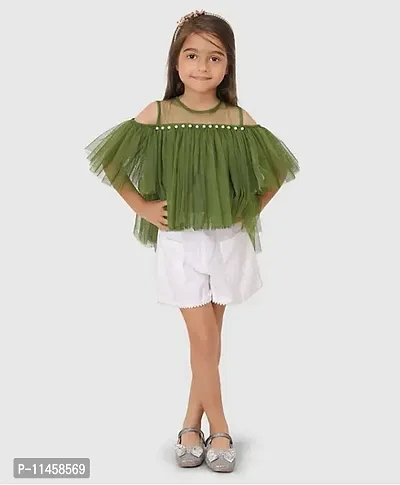 Beautiful Cold Shoulder Sleeves Pearl Embellished Gathered Net Top For Baby Girls-thumb0