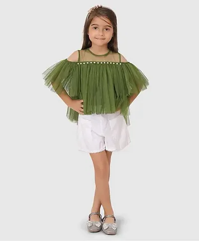 Beautiful Cold Shoulder Sleeves Pearl Embellished Gathered Net Top For Baby Girls