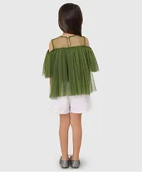 Beautiful Cold Shoulder Sleeves Pearl Embellished Gathered Net Top For Baby Girls-thumb1