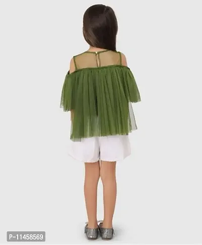 Beautiful Cold Shoulder Sleeves Pearl Embellished Gathered Net Top For Baby Girls-thumb2