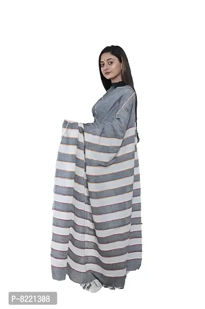 Women's Cotton Handloom Saree (GREY WHITE khesh)-thumb3