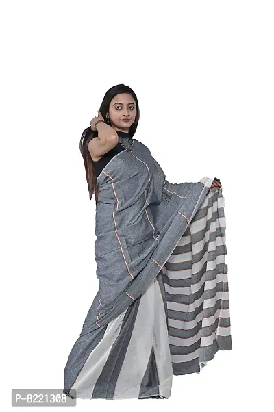 Women's Cotton Handloom Saree (GREY WHITE khesh)-thumb4