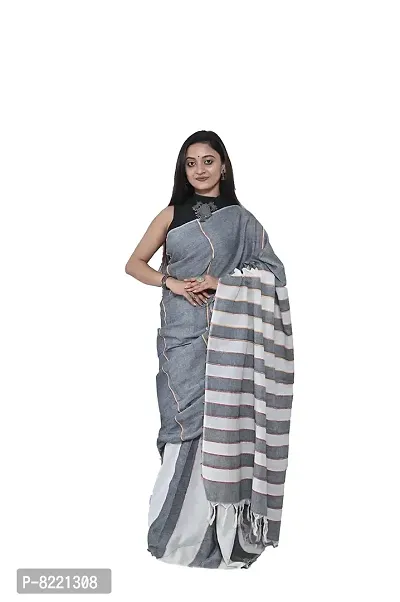 Women's Cotton Handloom Saree (GREY WHITE khesh)-thumb0