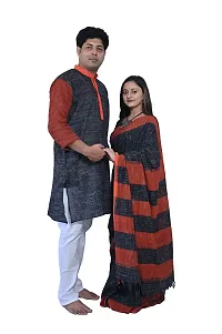 KnowZA Khadi Cotton Saree with Kurta (Medium, Black jharna)-thumb1