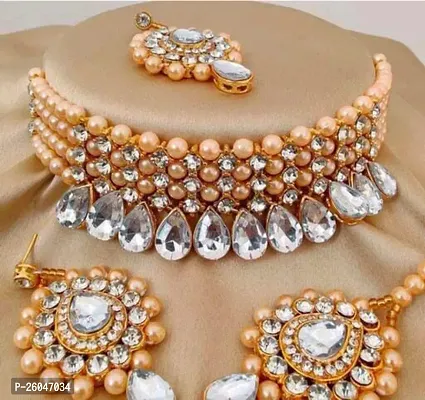 Stylish Peach Alloy Pearl Jewellery Set For Women-thumb0