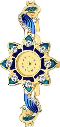New Stylish Blue Golden Diamond Studded SunFlower Watch For Girl-thumb1