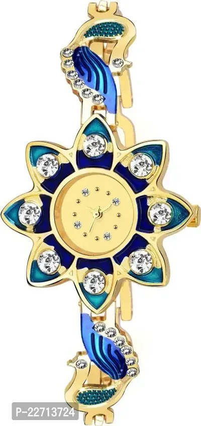 New Stylish Blue Golden Diamond Studded SunFlower Watch For Girl-thumb2