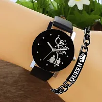 New Diamond Cut Glass Couple Black Leather belt Bracelet Combo watch For Women-thumb2