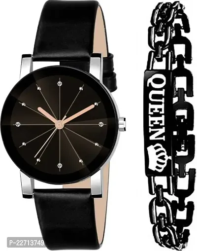 New Diamond Cut Glass Black Leather belt Bracelet Combo watch For Women