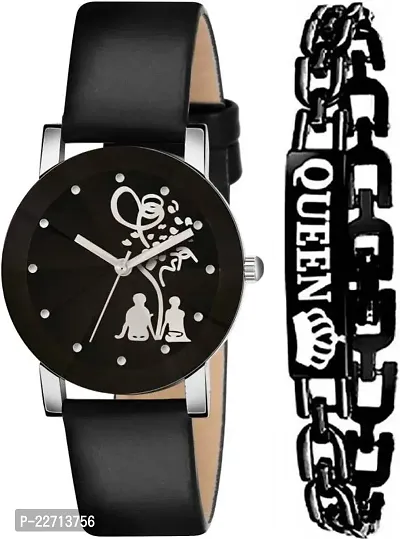 New Diamond Cut Glass Couple Black Leather belt Bracelet Combo watch For Women-thumb0