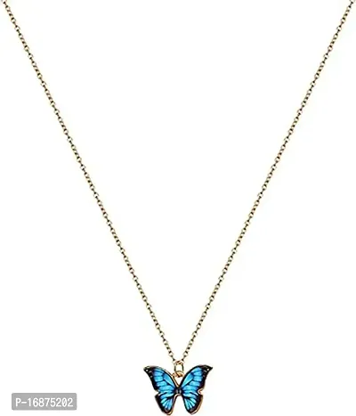 Batulii's online fashion butterfly daisy charm necklace gold plated colorful butterfly pendant chain necklaces delicate necklace for women  girls (BLUE)