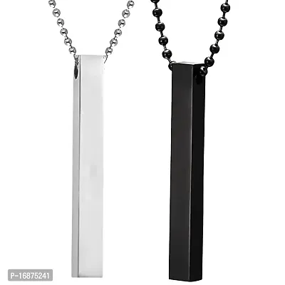 Batulii's online fashion Men's Jewellery 3D Cuboid Vertical Bar/Stick Stainless Steel Silver Black Locket Pendant Chain Necklace Combo for Men  Boys