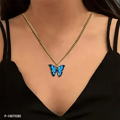 Batulii's online fashion butterfly daisy charm necklace gold plated colorful butterfly pendant chain necklaces delicate necklace for women  girls (BLUE)-thumb3