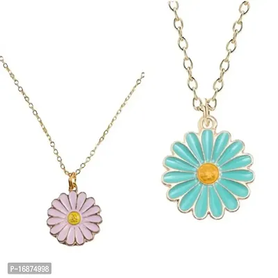 Batulii's online fashion Daisy Charm Pendant Chain Necklace for Girls  Women Flower Shape Stylish Gold Plated Combo of 2 (Blue, Pink)