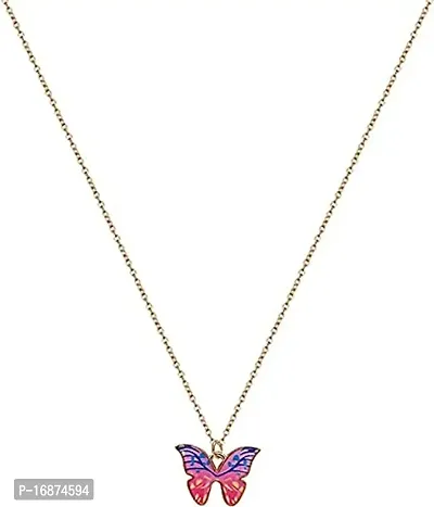 Batulii's online fashion butterfly daisy charm necklace gold plated colorful butterfly pendant chain necklaces delicate necklace for women  girls (PINK)
