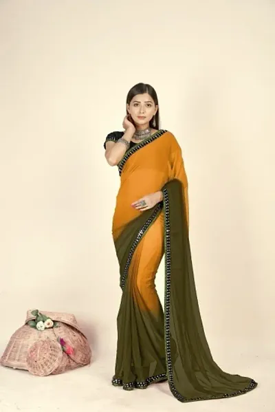 Shree Shree Thread & Dori Women's Georgette Multi Color Block Sequence Lace Border Dyed Fashion Sarees