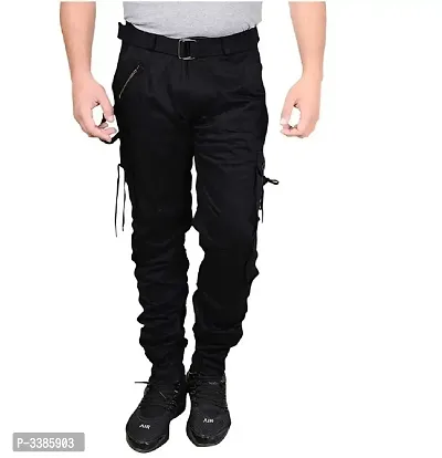 Men's Black Solid Cotton Dori Style Cargo Pants-thumb0