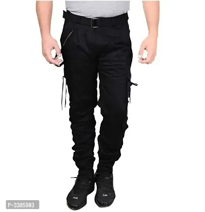 Men's Black Solid Cotton Dori Style Cargo Pants-thumb3