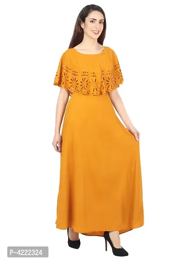 Women's Stylish and Trendy Yellow Solid Crepe Maxi Length Fit And Flare Dress-thumb3