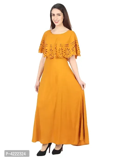 Women's Stylish and Trendy Yellow Solid Crepe Maxi Length Fit And Flare Dress-thumb5
