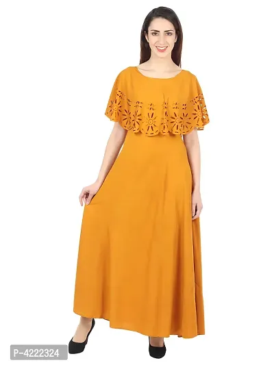 Women's Stylish and Trendy Yellow Solid Crepe Maxi Length Fit And Flare Dress-thumb0