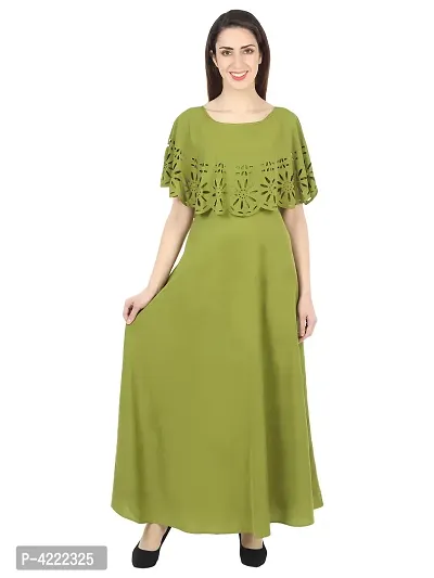 Women's Stylish and Trendy Green Solid Crepe Maxi Length Fit And Flare Dress-thumb0