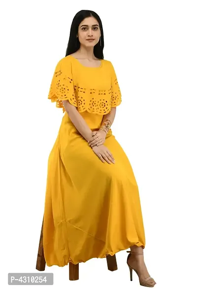 Women's Yellow Solid Crepe Dress-thumb5