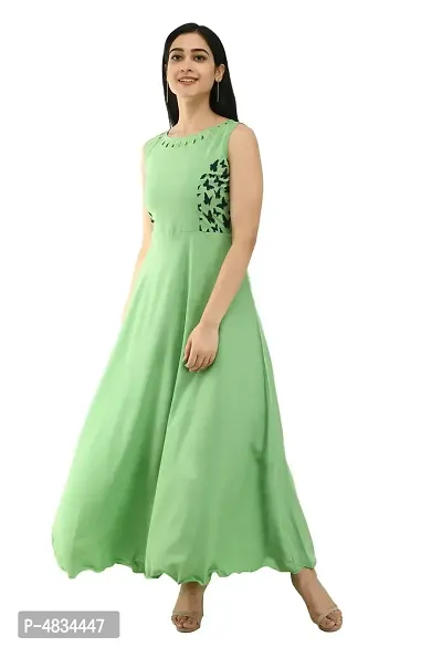Women's Green Crepe Sleeveless Gown-thumb5