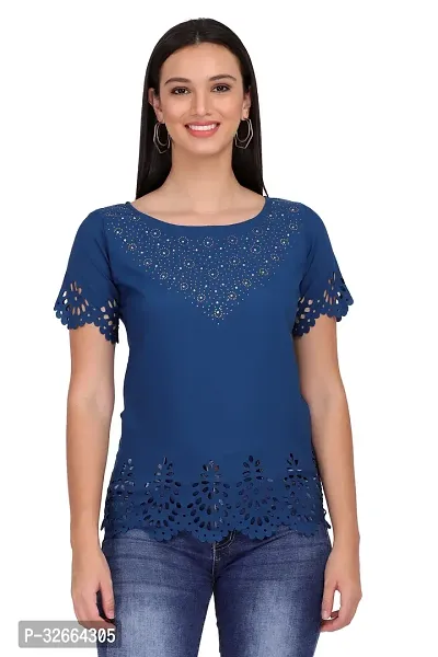 Elegant Blue Crepe Solid Top For Women