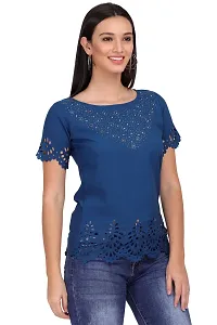 Elegant Blue Crepe Solid Top For Women-thumb2