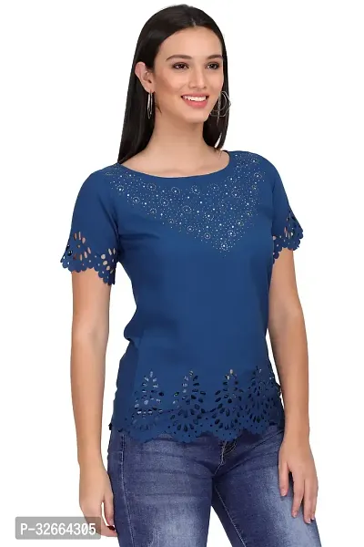 Elegant Blue Crepe Solid Top For Women-thumb3