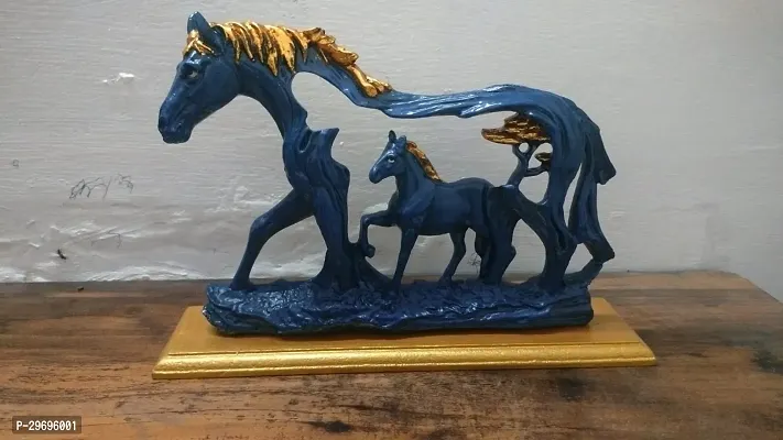 Ood Luck Resin Horse Statue with Baby Animal On Wooden Base