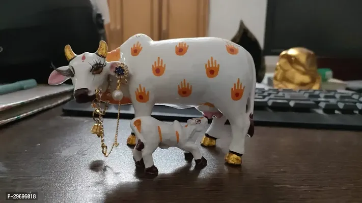 Hand-Painted Cow and Calf With Jewels On Wooden Base Statue-thumb0