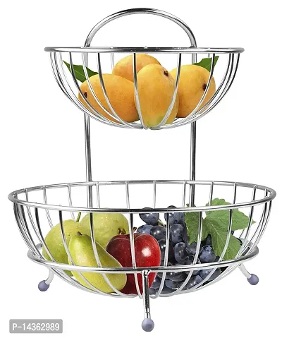 DEVASHREE 2 layer Stainless Steel Portable Perforated Design round Fruits  Vegetable julha Kitchen Storage Rack with bowls for Kitchen Pantry Closet julha-thumb5
