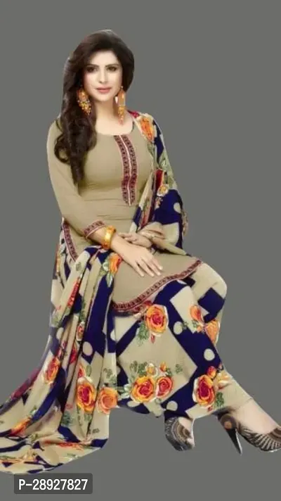 Elegant Beige Crepe Solid Dress Material with Dupatta For Women-thumb0