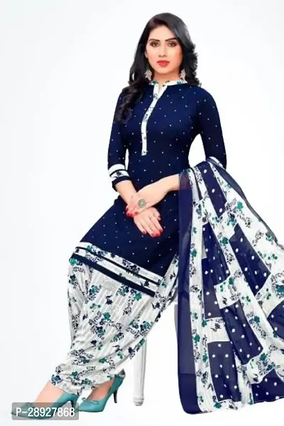 Elegant Navy Blue Crepe Printed Dress Material with Dupatta For Women-thumb0