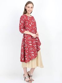 Yaanvi Women's Double Layered Asymmetrical Rayon  Cotton Designer Long Kurti/ Dress-thumb1