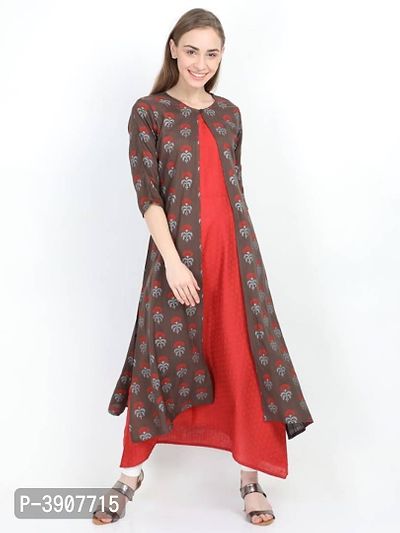 Yaanvi Women's Stylish Double Layered Rayon  Cotton Designer Long Kurti/ Dress-thumb3