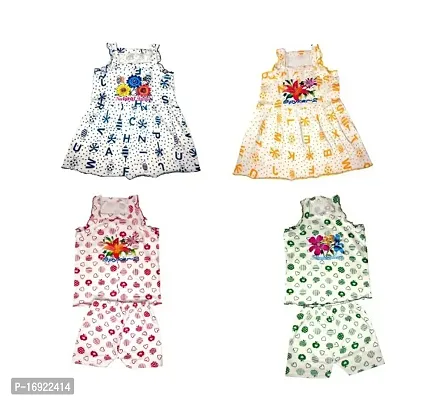 Pretty stylish kids frock and top-bottom combo set made of soft cotton with colourful prints  - pack of 4-thumb0
