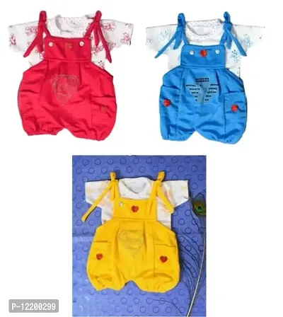 Prithvi R Corporation Print Embroidered T-Shirt with Mini Dungaree Bibshorts for Infant Toddler Baby Boy & Girl|Yellow, Blue, Red|Pack Of 3