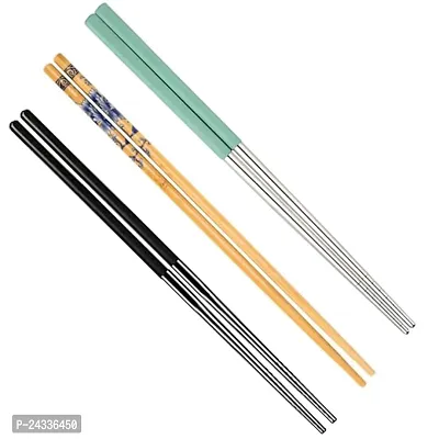 Sturdy 3-Pairs Reusable Metal Black And Green with Wood Chopsticks Set - Authentic Korean And Chinese Style | 23 CM Long-thumb0