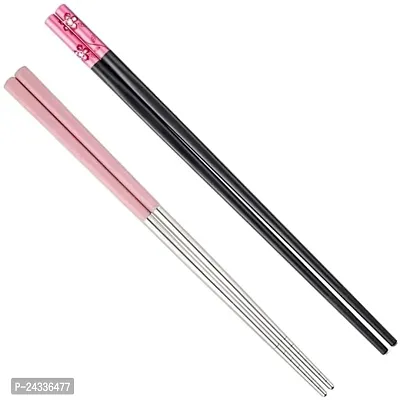 2 Pairs Metal Stainless Steel Chopsticks And Fiber Flower Pink Chopstick - Reusable Chop Sticks for Noodles Sushi Hotpot Square Grip to Hold Food Perfectly Lightweight Korean Chinese-thumb0