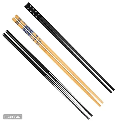 Sturdy 3-Pairs Reusable Metal Black And Fiber Black with Wood Chopsticks Set - Authentic Korean And Chinese Style | 23 CM Long-thumb0