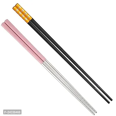 2 Pairs Metal Stainless Steel Chopsticks And Fiber Dot Yellow Chopstick - Reusable Chop Sticks for Noodles Sushi Hotpot Square Grip to Hold Food Perfectly Lightweight Korean Chinese-thumb0