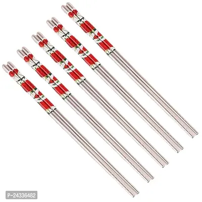 Sturdy 5 Pairs Stainless Steel Chop Sticks for Noodles Sushi Hotpot | Reusable | Lightweight | Dishwasher Safe (Red)-thumb0