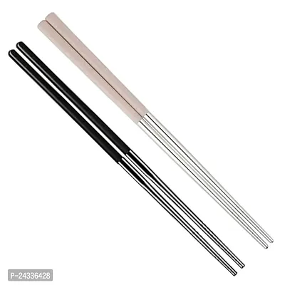 Sturdy 2 Silicon Black And Grey Reusable Stainless Steel Chopsticks | Dishwasher Safe | Lightweight And Easy to Use | Ideal for Noodles, Sushi, Hotpot | Perfect Grip for Food Handling | 23 cm Long-thumb0