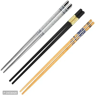 3 Pairs Wooden And Stainless Steel And Plastic Gold Black Chopsticks - Reusable Chop Sticks for Noodles Sushi Hotpot Square Grip to Hold Food Perfectly Lightweight Korean Chinese-thumb0