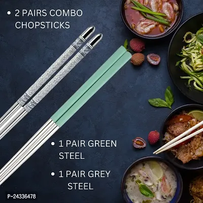 2 Pairs Metal Stainless Steel Chopsticks And Silicon Chopstick - Reusable Chop Sticks for Noodles Sushi Hotpot Square Grip to Hold Food Perfectly Lightweight Korean Chinese-thumb0