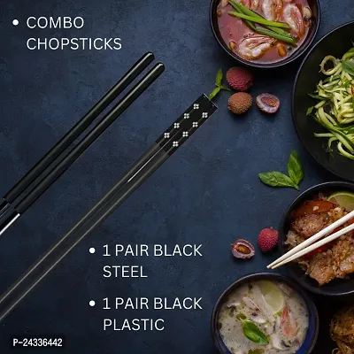 Sturdy 2 Metal Black And Plastic Black Reusable Stainless Steel Chopsticks | Dishwasher Safe | Lightweight And Easy to Use | Ideal for Noodles, Sushi, Hotpot | Perfect Grip for Food Handling | 23 cm Long